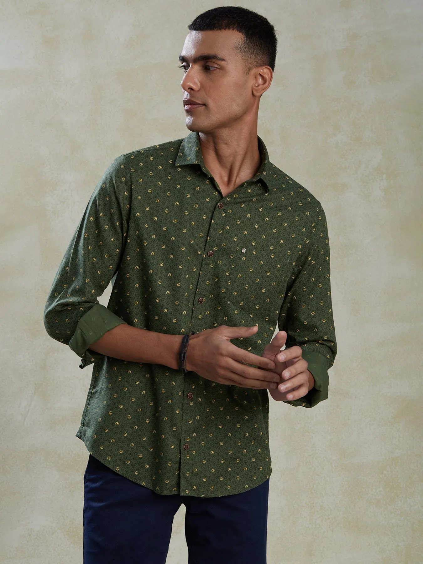 100% Cotton Olive Green Slim Fit Full Sleeve Casual Mens Printed Shirt