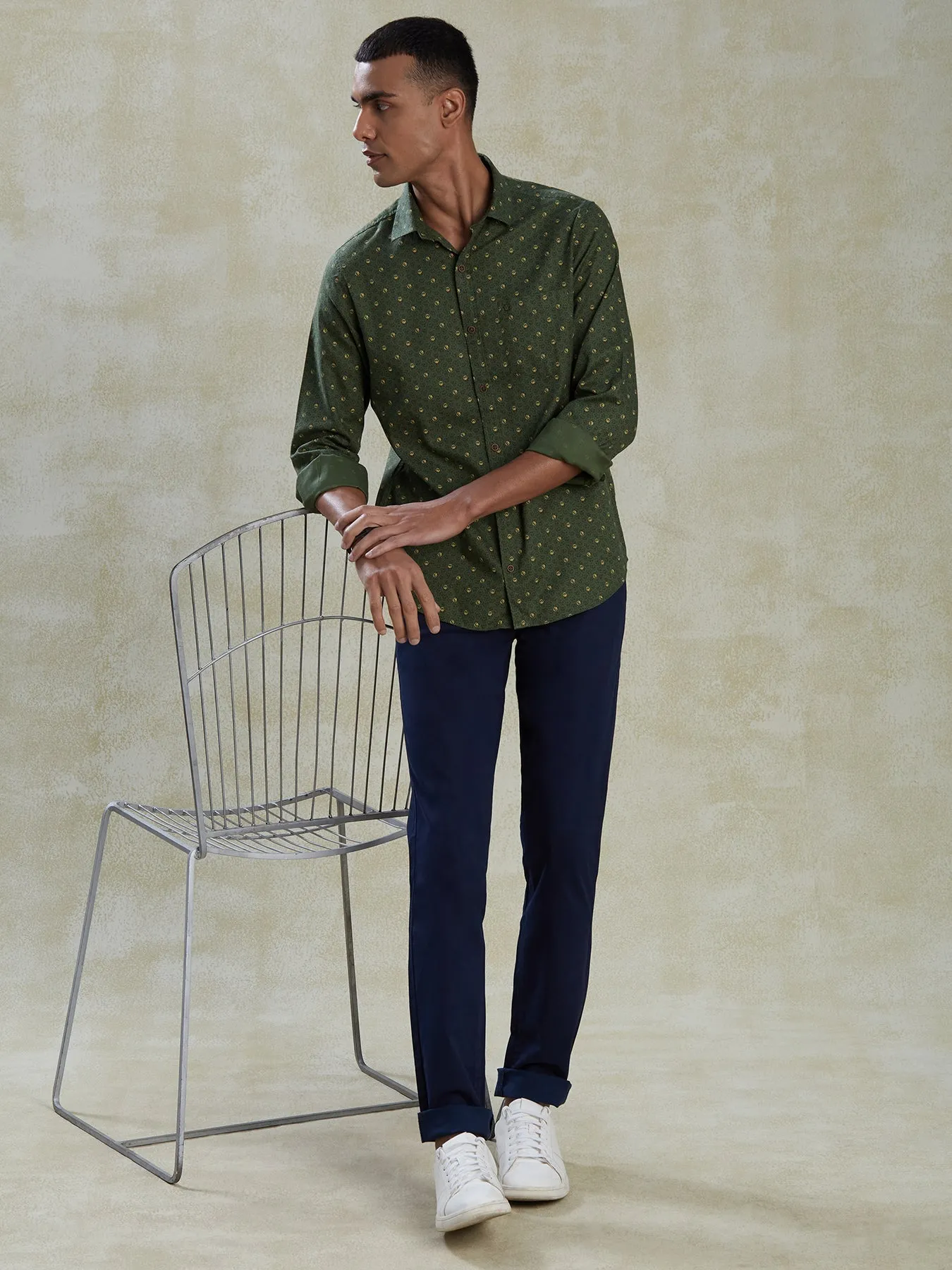 100% Cotton Olive Green Slim Fit Full Sleeve Casual Mens Printed Shirt