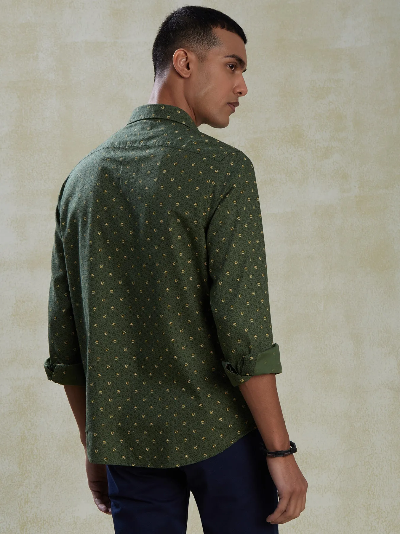 100% Cotton Olive Green Slim Fit Full Sleeve Casual Mens Printed Shirt