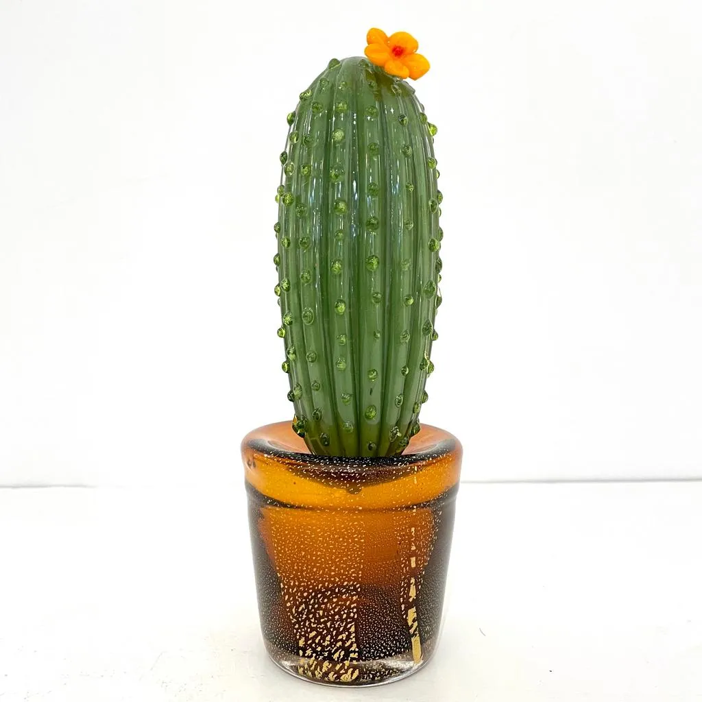 1990s Vintage Italian Green Murano Glass Tall Cactus Plant with Orange Flower