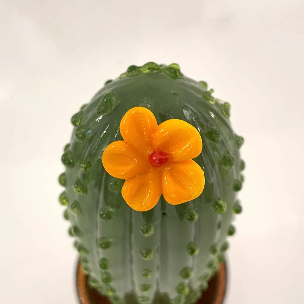 1990s Vintage Italian Green Murano Glass Tall Cactus Plant with Orange Flower
