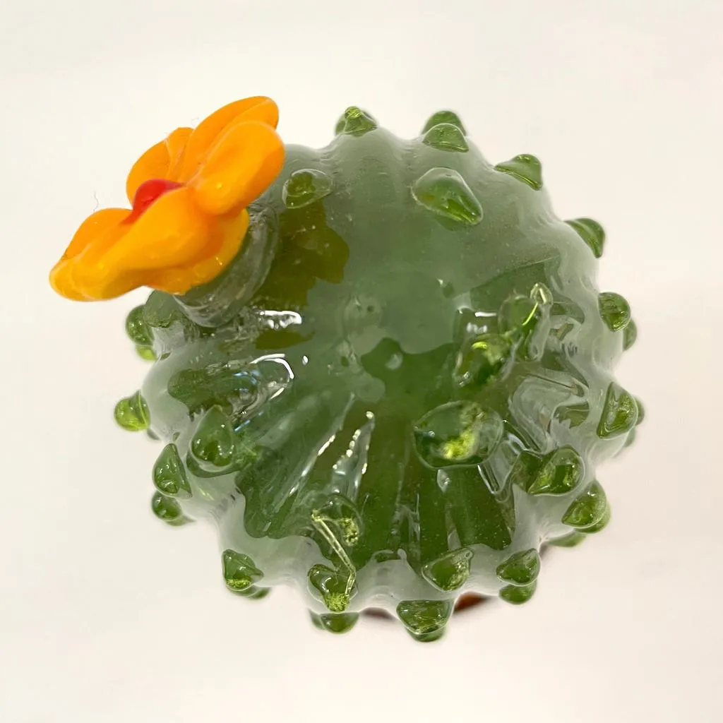 1990s Vintage Italian Green Murano Glass Tall Cactus Plant with Orange Flower