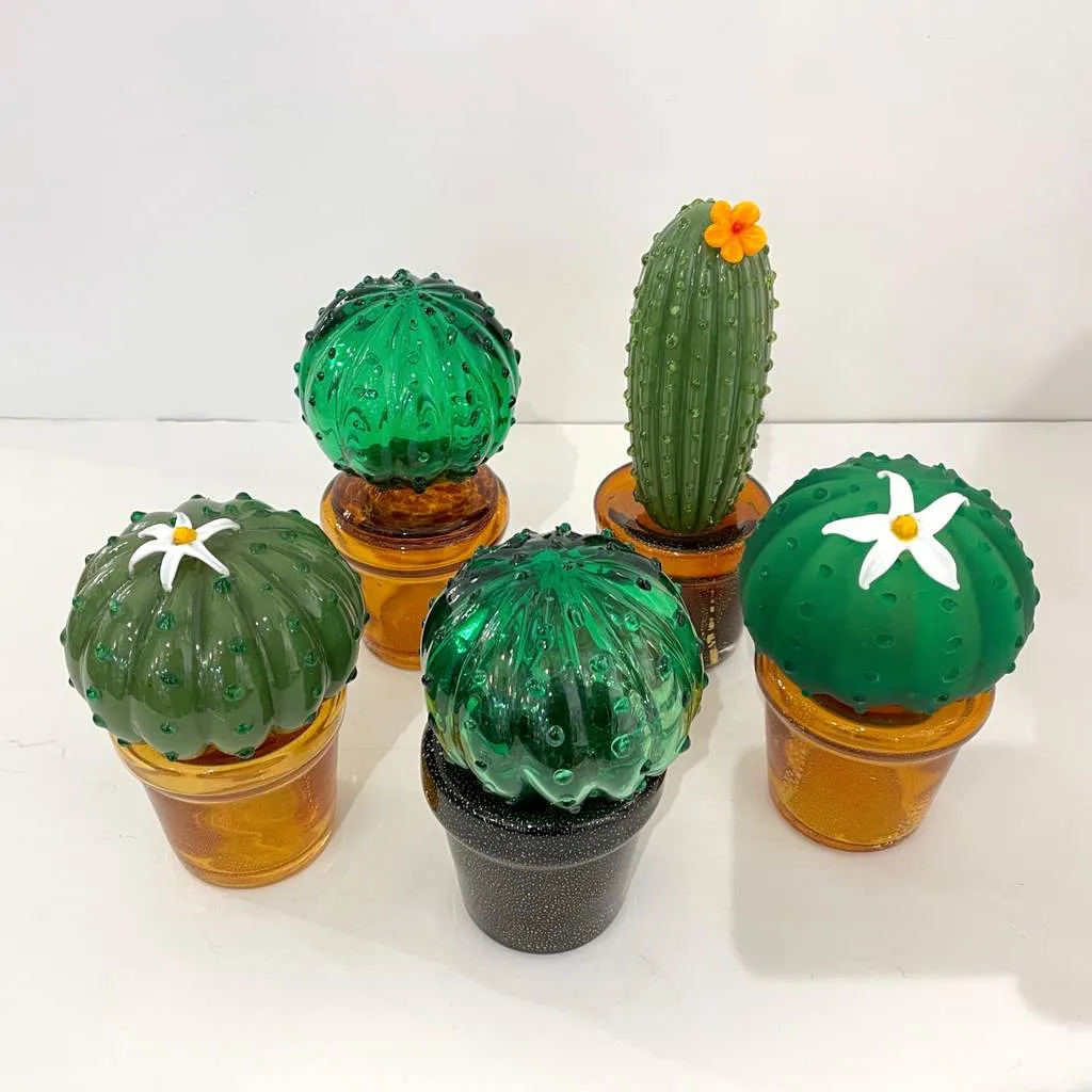1990s Vintage Italian Green Murano Glass Tall Cactus Plant with Orange Flower