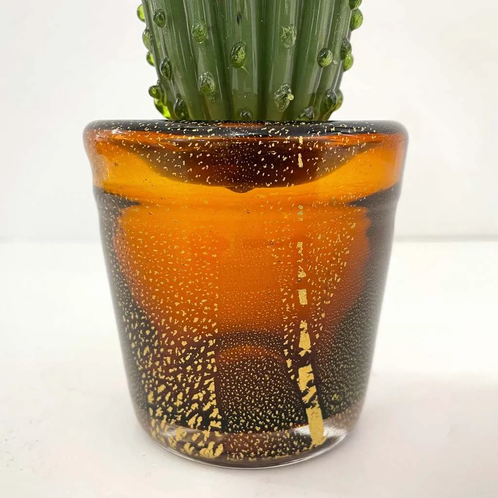1990s Vintage Italian Green Murano Glass Tall Cactus Plant with Orange Flower