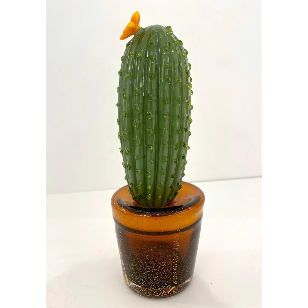 1990s Vintage Italian Green Murano Glass Tall Cactus Plant with Orange Flower