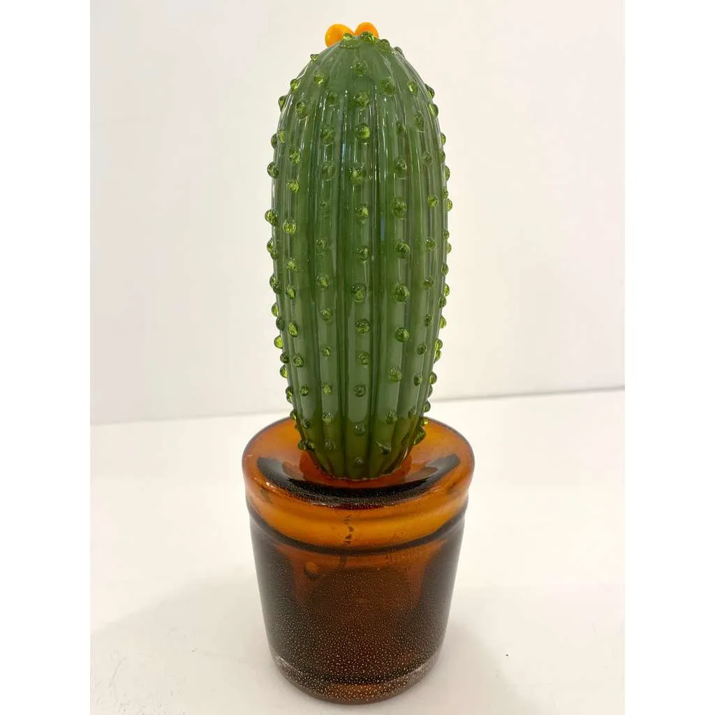 1990s Vintage Italian Green Murano Glass Tall Cactus Plant with Orange Flower