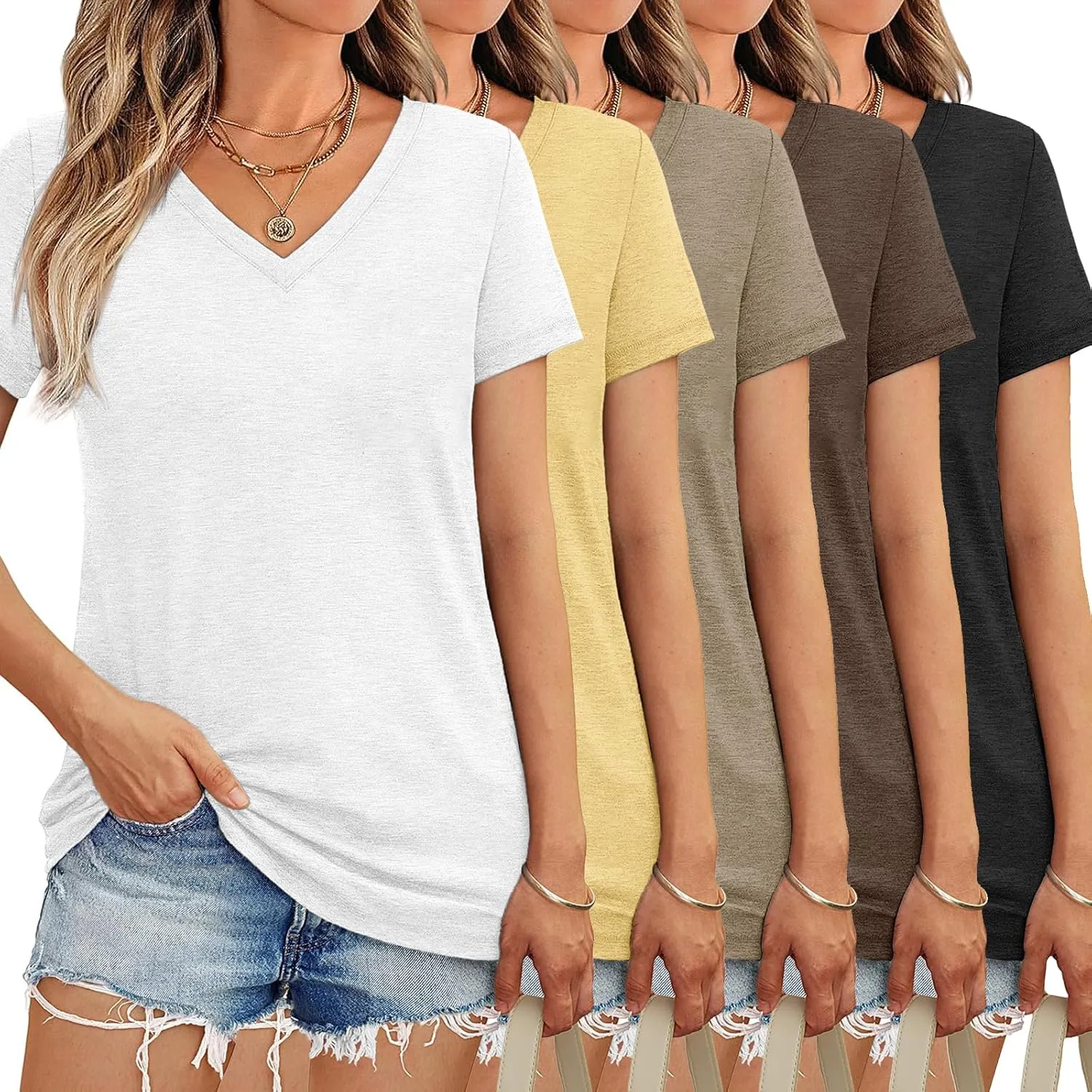 3/10 Pack V Neck T Shirts for Women Short Sleeve Tshirts Summer Casual Tops Loose Fit Basic Tees