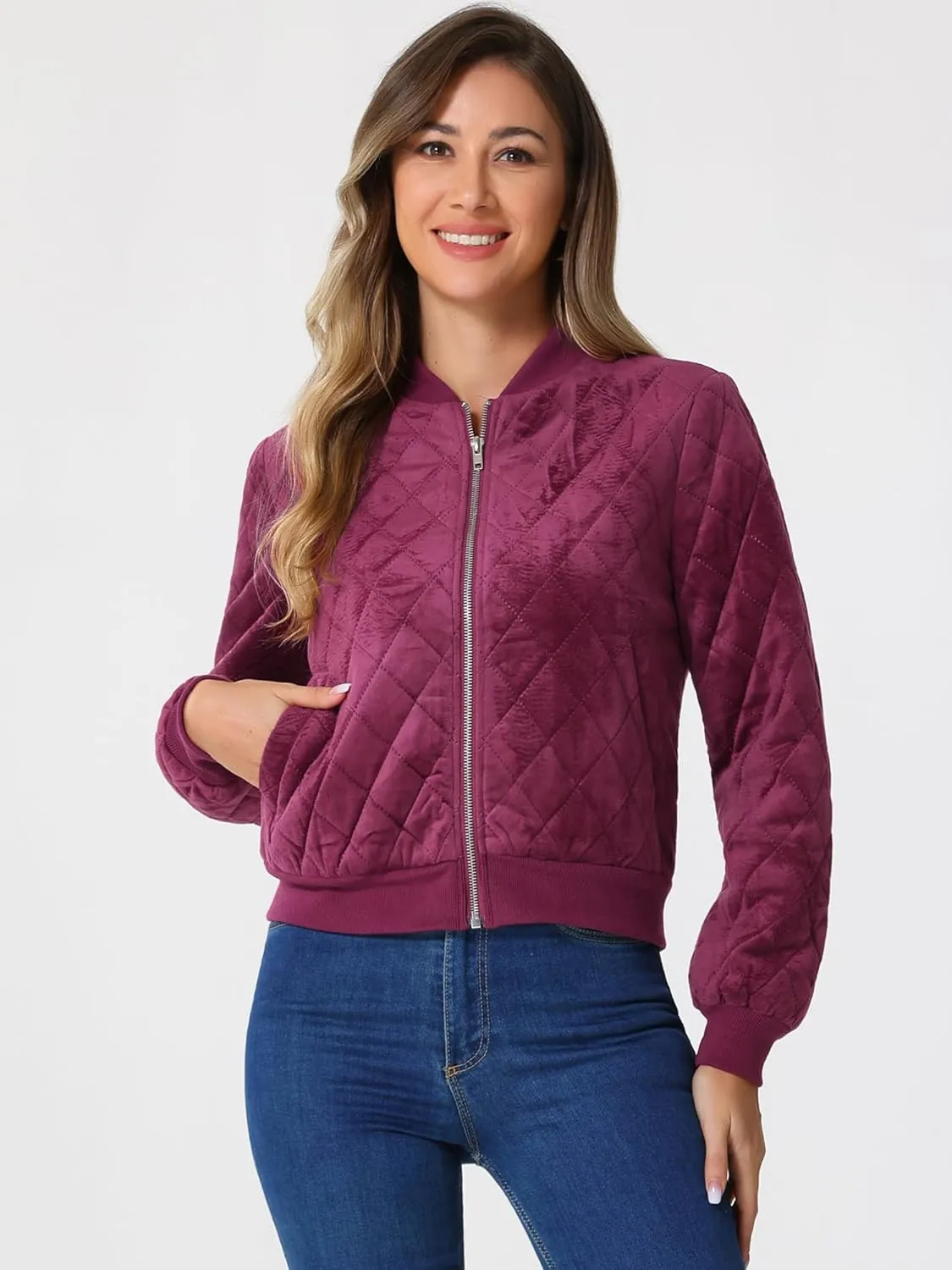 Allegra K Women's Zip Up Jacket Long Sleeve Velvet Surface Diamond Quilted Bomber Jackets