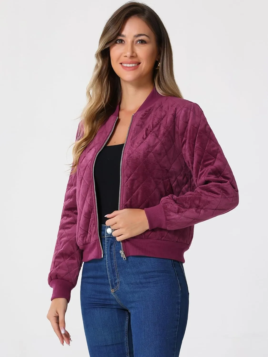 Allegra K Women's Zip Up Jacket Long Sleeve Velvet Surface Diamond Quilted Bomber Jackets