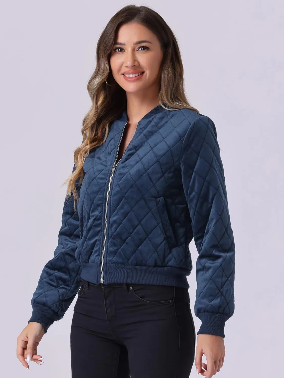 Allegra K Women's Zip Up Jacket Long Sleeve Velvet Surface Diamond Quilted Bomber Jackets
