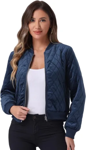 Allegra K Women's Zip Up Jacket Long Sleeve Velvet Surface Diamond Quilted Bomber Jackets