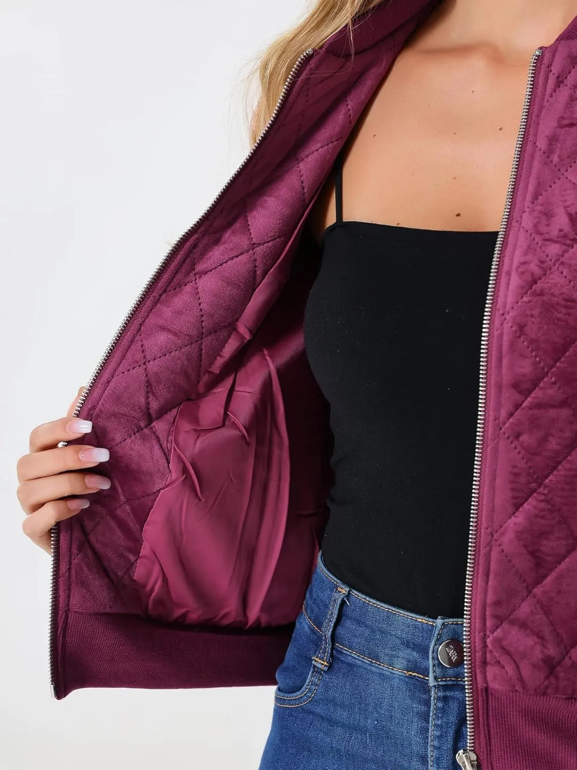 Allegra K Women's Zip Up Jacket Long Sleeve Velvet Surface Diamond Quilted Bomber Jackets