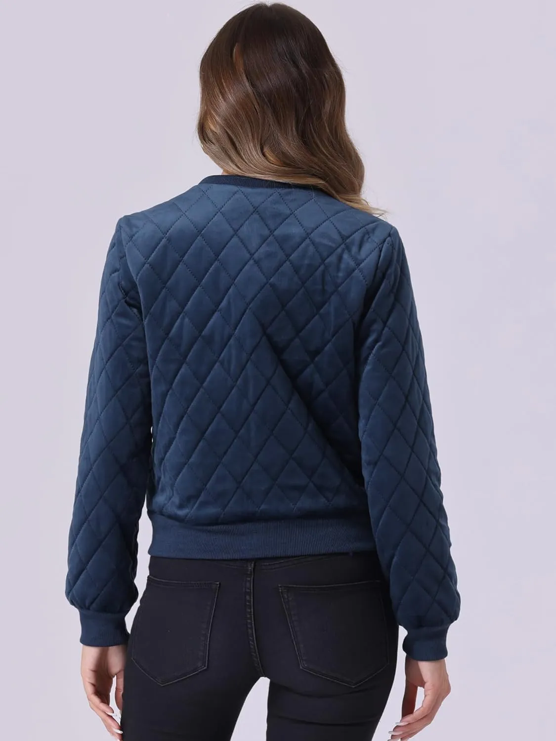 Allegra K Women's Zip Up Jacket Long Sleeve Velvet Surface Diamond Quilted Bomber Jackets