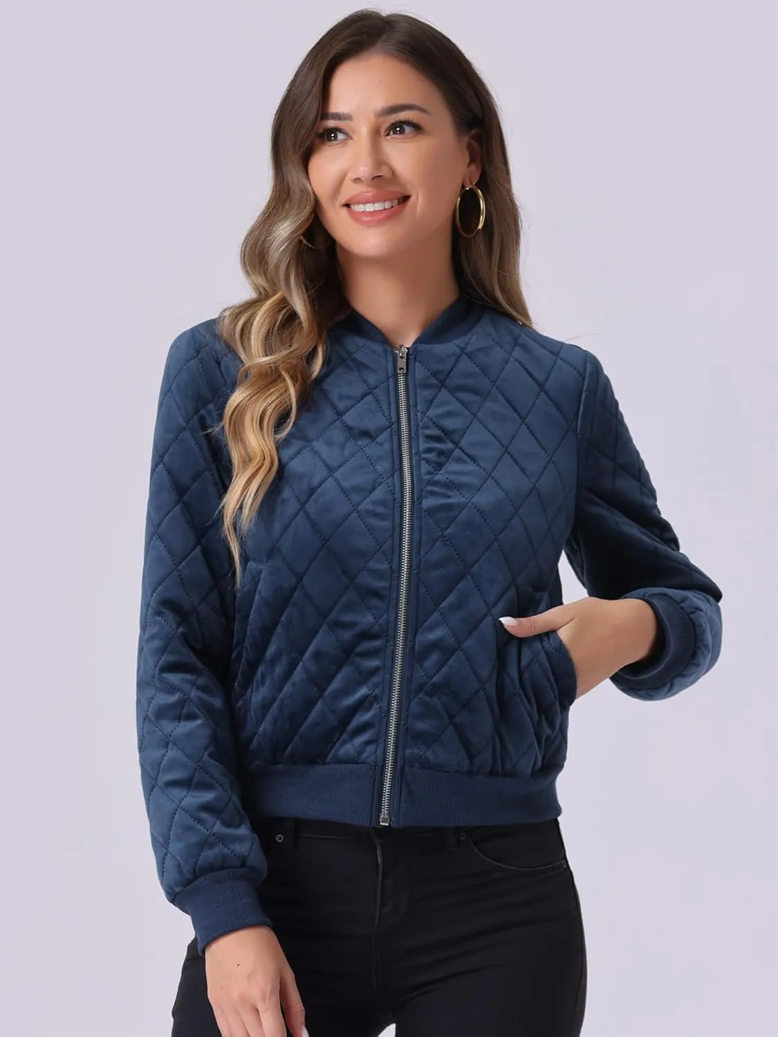 Allegra K Women's Zip Up Jacket Long Sleeve Velvet Surface Diamond Quilted Bomber Jackets