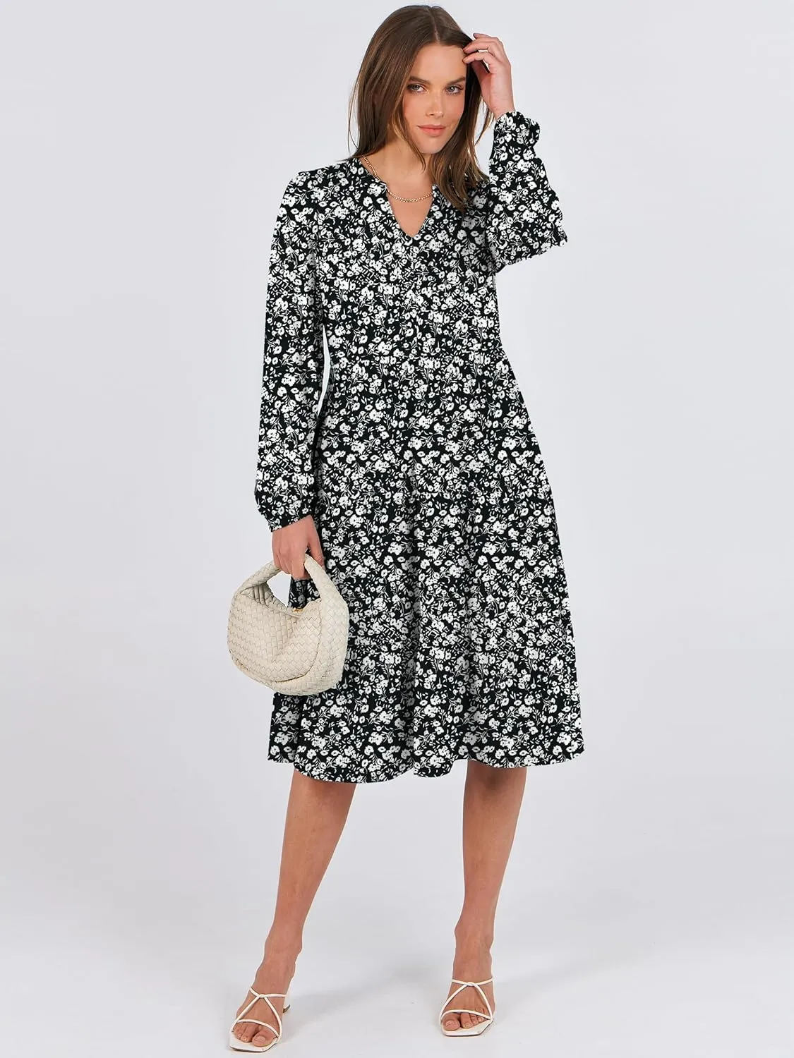 ANRABESS Long Sleeve Dress for Women V Neck 2025 Spring Fashion Casual Loose Fit Flowy Swing Tiered Vacation Dresses
