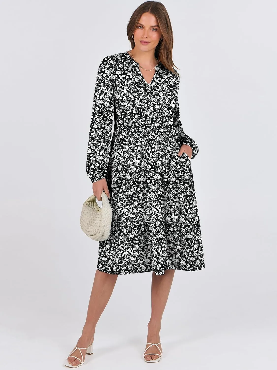 ANRABESS Long Sleeve Dress for Women V Neck 2025 Spring Fashion Casual Loose Fit Flowy Swing Tiered Vacation Dresses