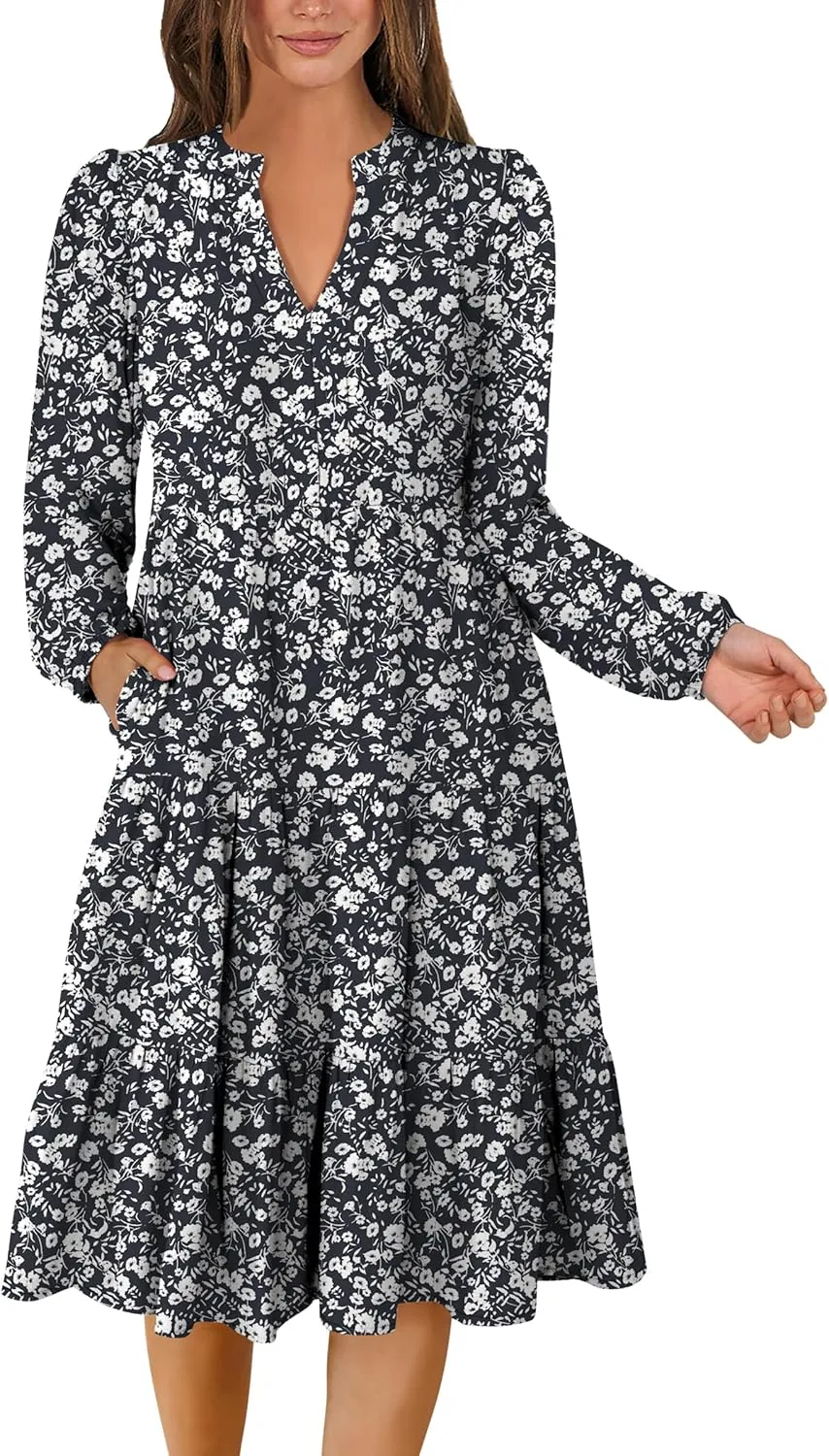 ANRABESS Long Sleeve Dress for Women V Neck 2025 Spring Fashion Casual Loose Fit Flowy Swing Tiered Vacation Dresses