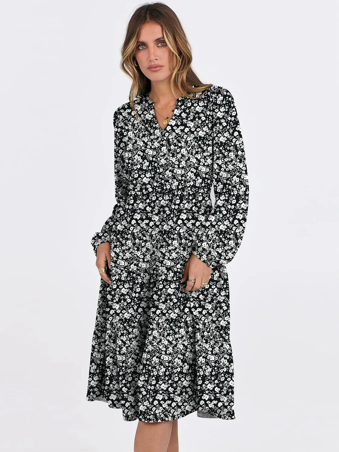ANRABESS Long Sleeve Dress for Women V Neck 2025 Spring Fashion Casual Loose Fit Flowy Swing Tiered Vacation Dresses