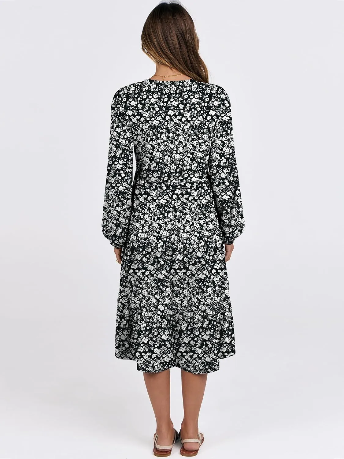 ANRABESS Long Sleeve Dress for Women V Neck 2025 Spring Fashion Casual Loose Fit Flowy Swing Tiered Vacation Dresses