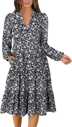 ANRABESS Long Sleeve Dress for Women V Neck 2025 Spring Fashion Casual Loose Fit Flowy Swing Tiered Vacation Dresses