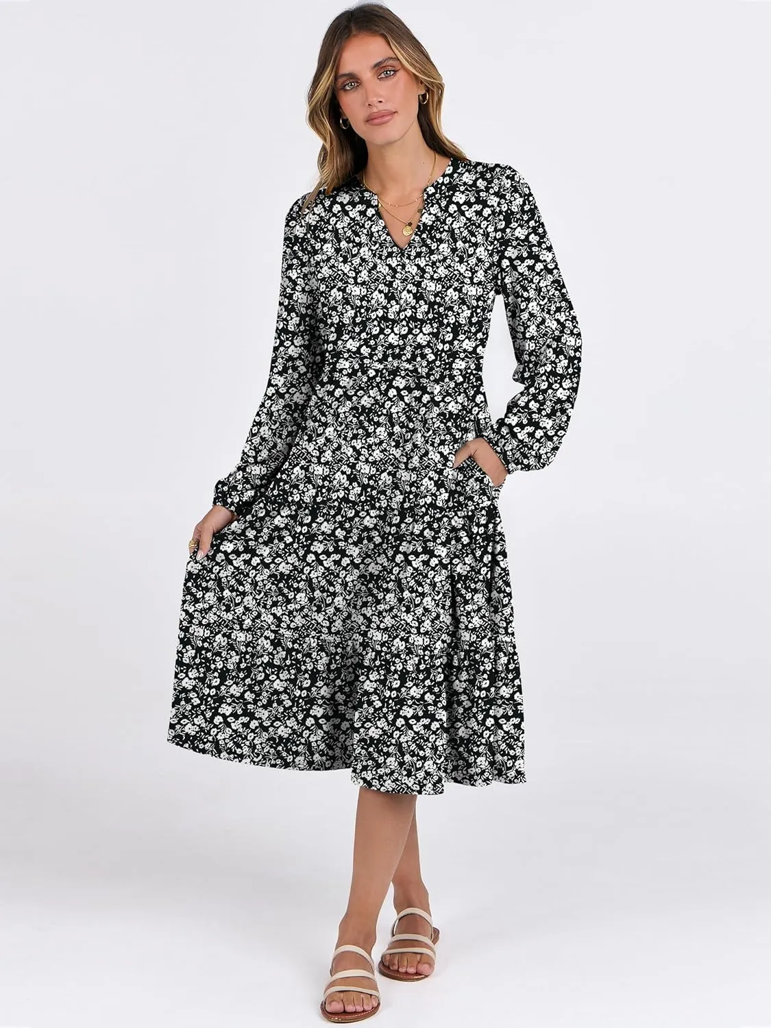 ANRABESS Long Sleeve Dress for Women V Neck 2025 Spring Fashion Casual Loose Fit Flowy Swing Tiered Vacation Dresses