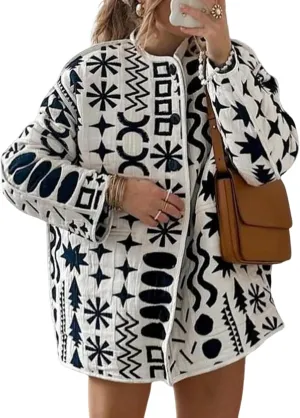 Arssm Womens Geometric Quilted Puffer Jacket Winter Lightweight Cute Jacket Padded Coat Crewneck Printed Outerwear