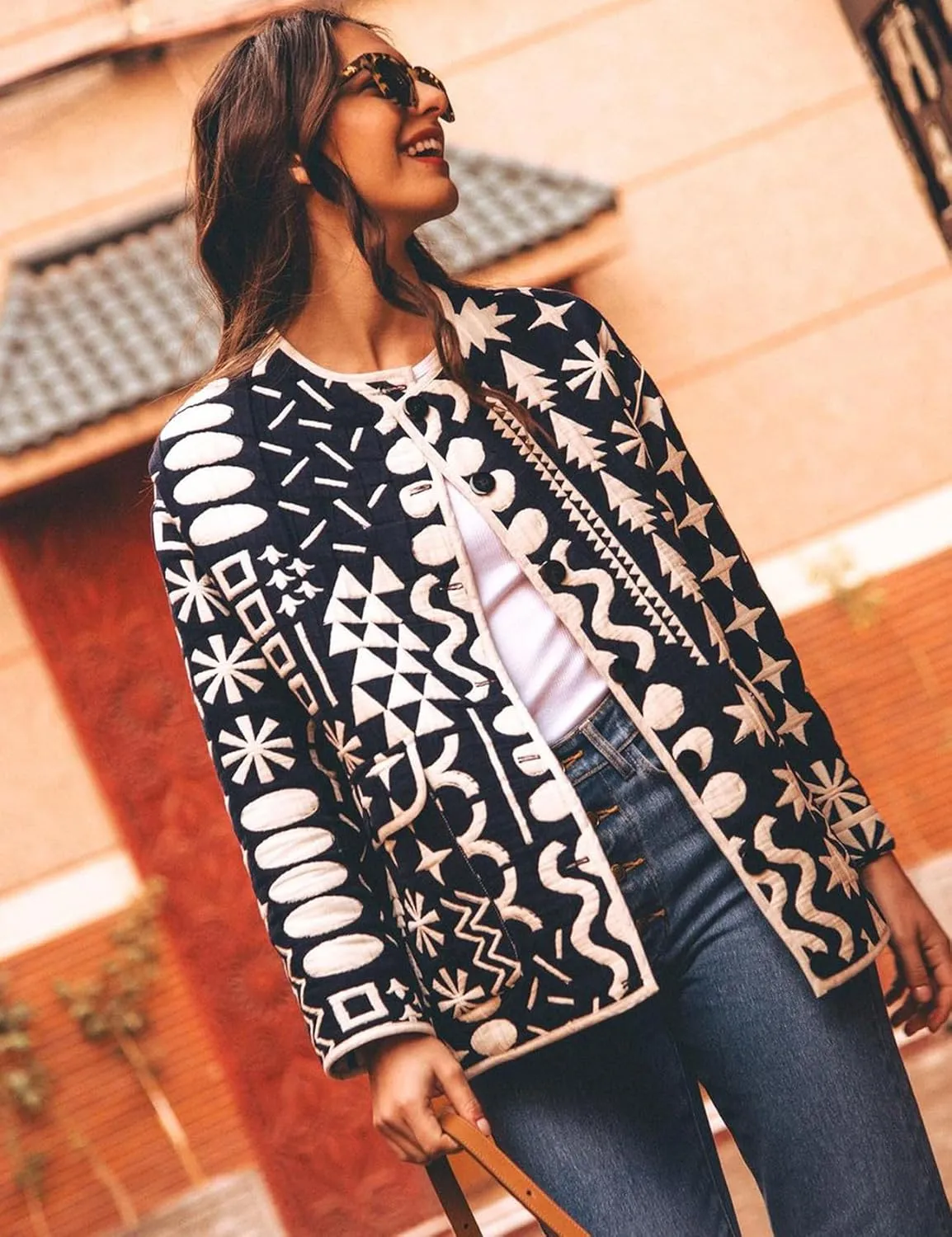 Arssm Womens Geometric Quilted Puffer Jacket Winter Lightweight Cute Jacket Padded Coat Crewneck Printed Outerwear