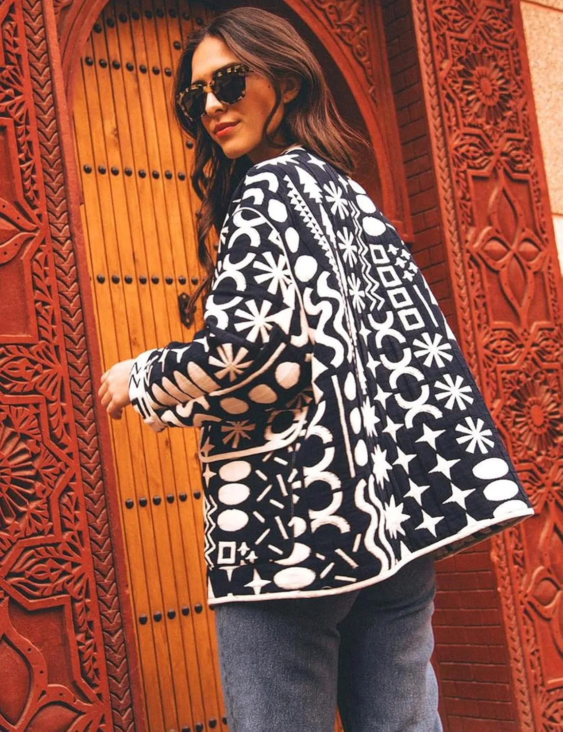 Arssm Womens Geometric Quilted Puffer Jacket Winter Lightweight Cute Jacket Padded Coat Crewneck Printed Outerwear