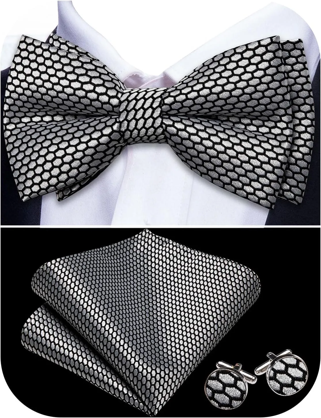 Barry.Wang Paisley Striped Bow Tie for Men Silk Pre-Tied Bowtie Pocket Square Cufflinks Set Formal Wedding Party Prom