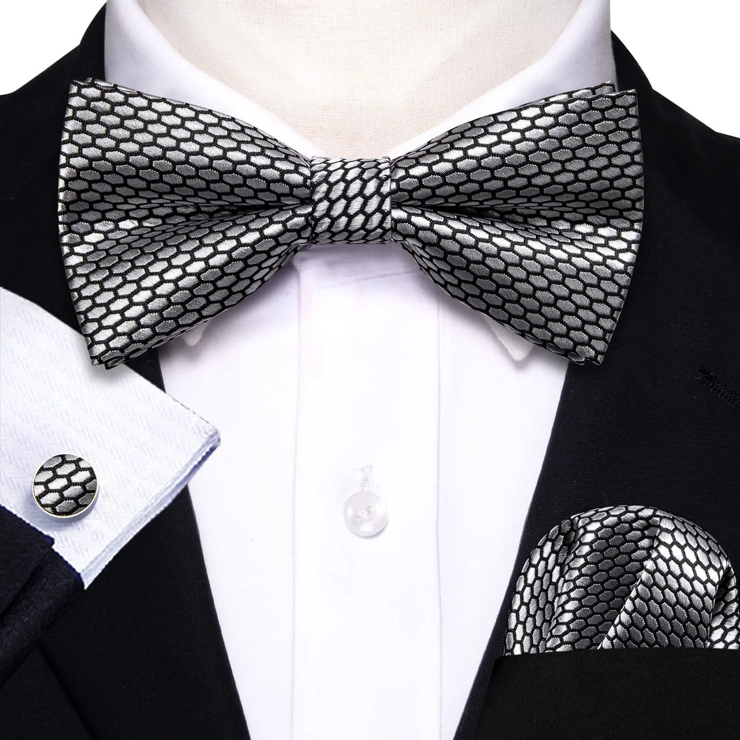 Barry.Wang Paisley Striped Bow Tie for Men Silk Pre-Tied Bowtie Pocket Square Cufflinks Set Formal Wedding Party Prom