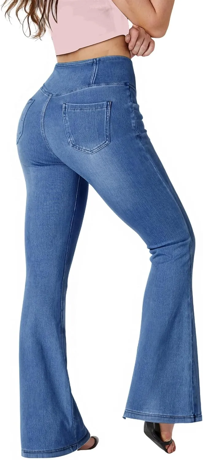 BlueRose Flare Jean Leggings for Women,Bell Bottom Jeans for Women Knit Crossover High Waisted Bootcut Jean