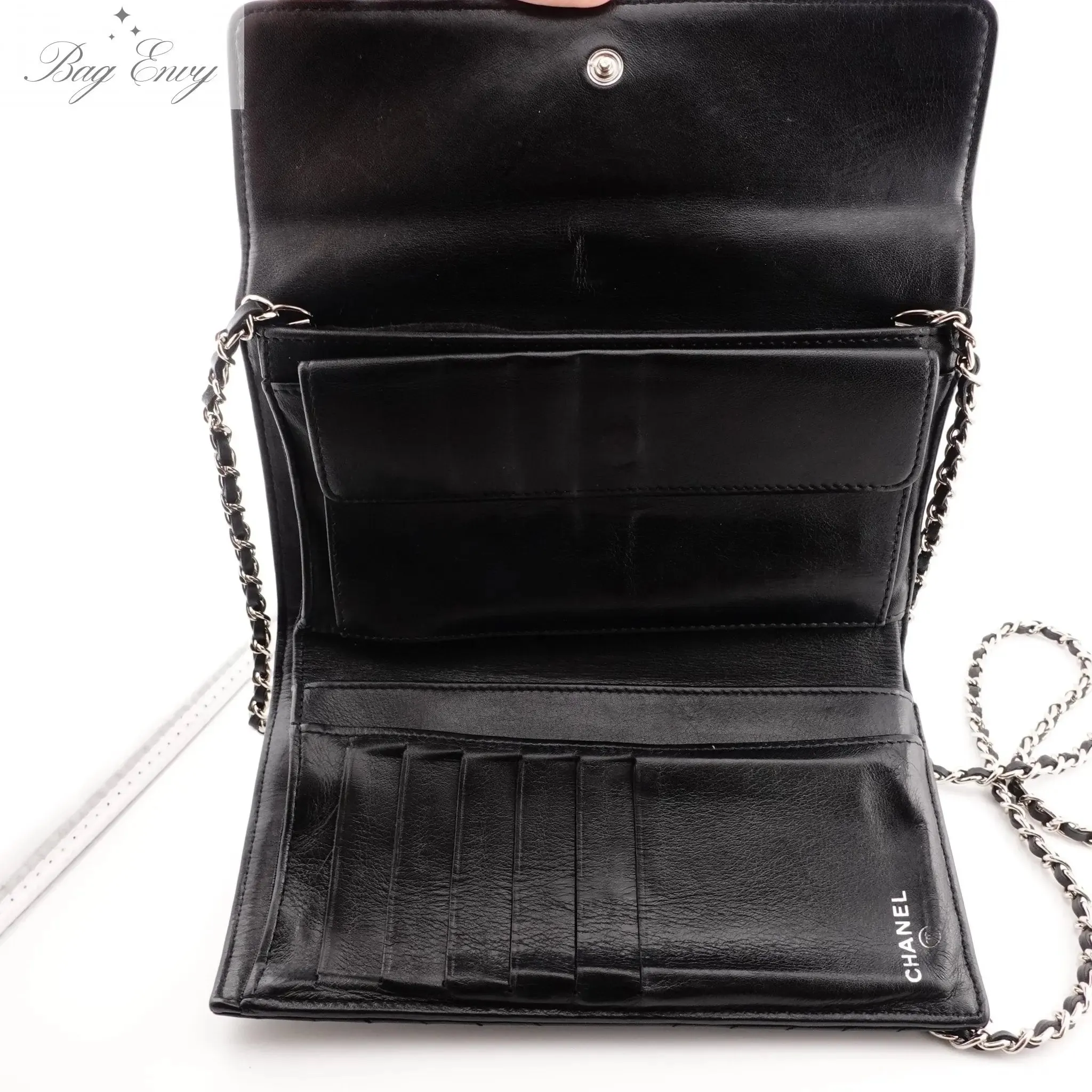 CHANEL Lambskin Chevron Quilted Trifold Wallet with Chain