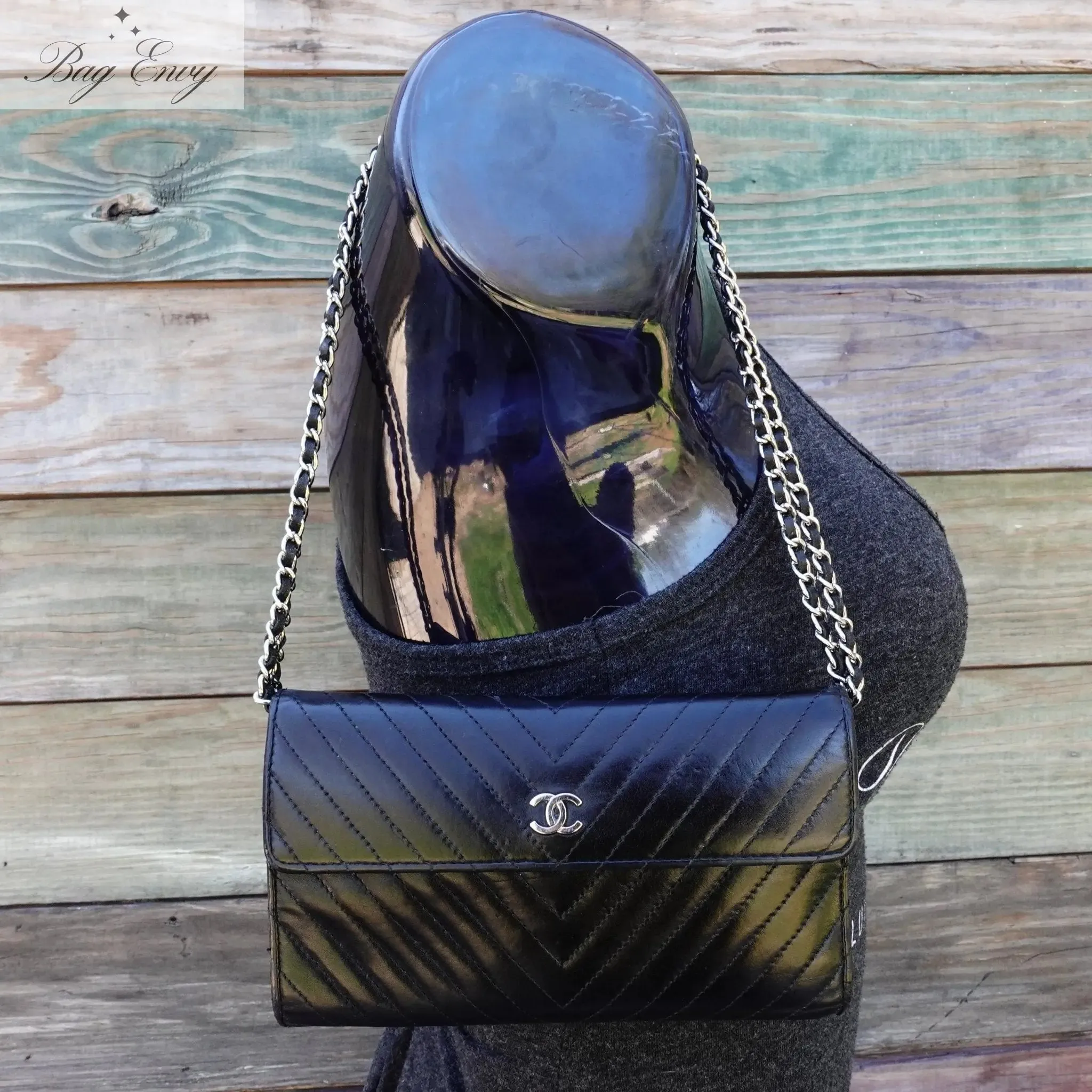 CHANEL Lambskin Chevron Quilted Trifold Wallet with Chain