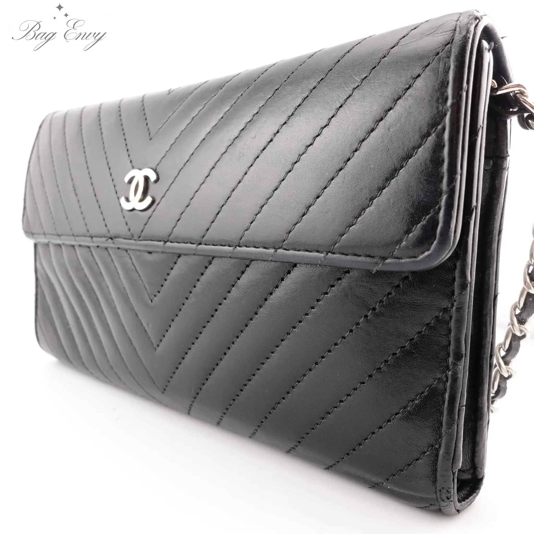 CHANEL Lambskin Chevron Quilted Trifold Wallet with Chain