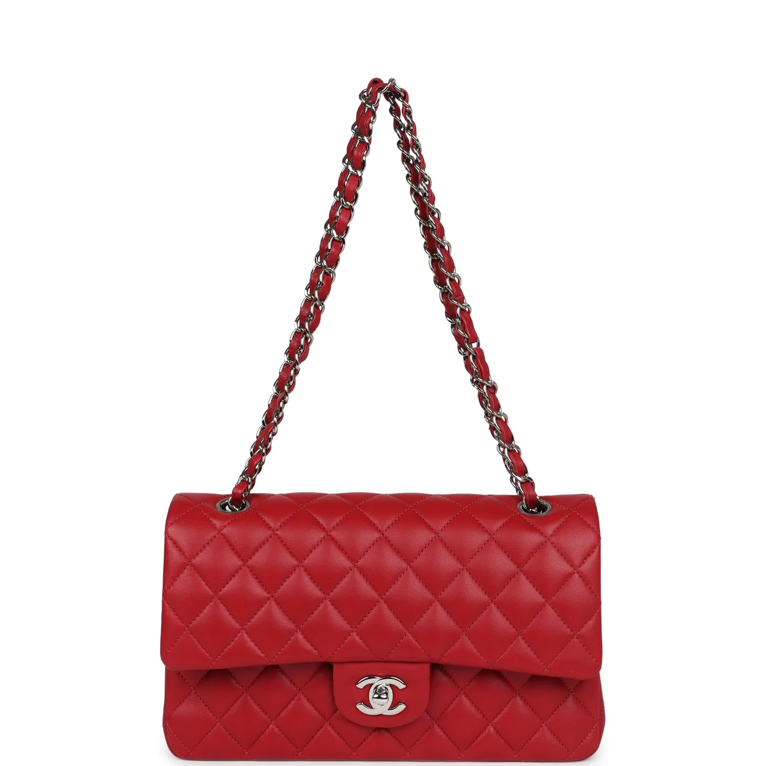 Chanel Medium Classic Double Flap Bag Red Lambskin Silver Hardware
