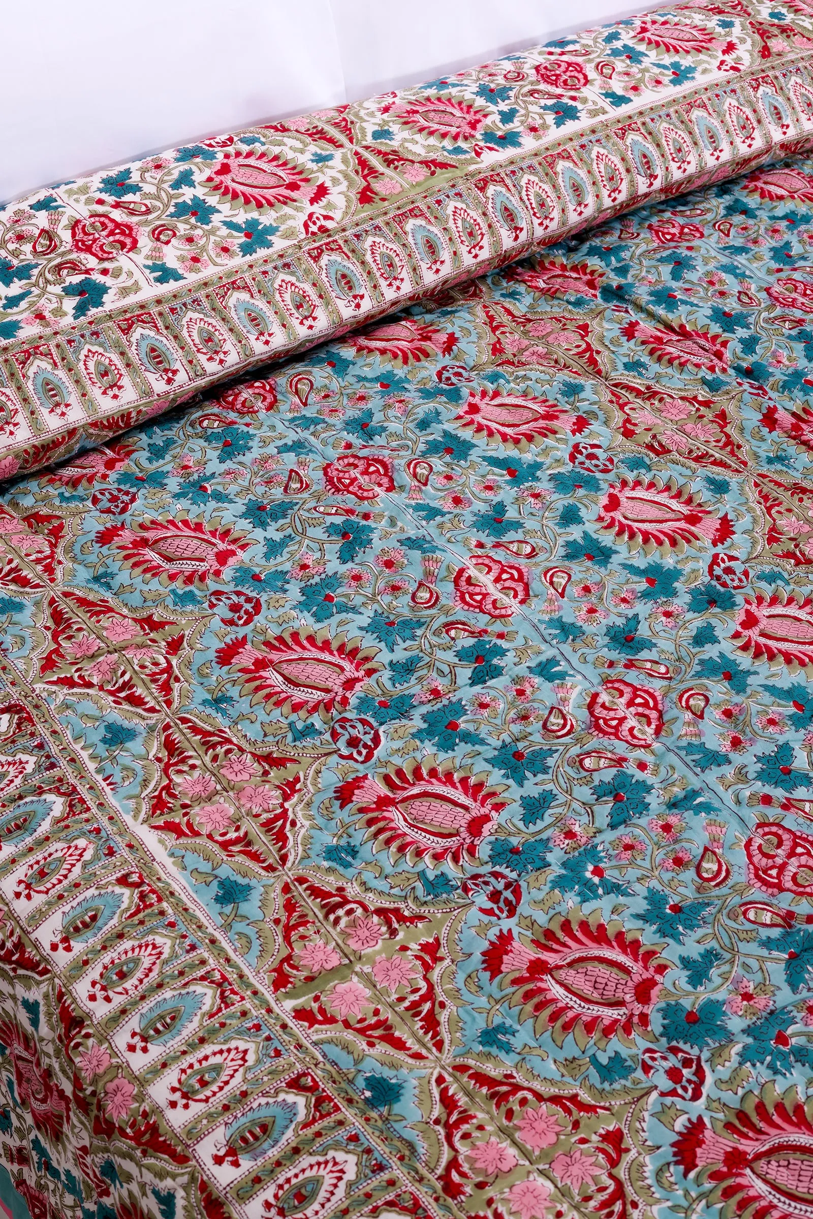 Charmine Floral Bloom Hand Block Printed Turquoise Cotton Muslin Quilt