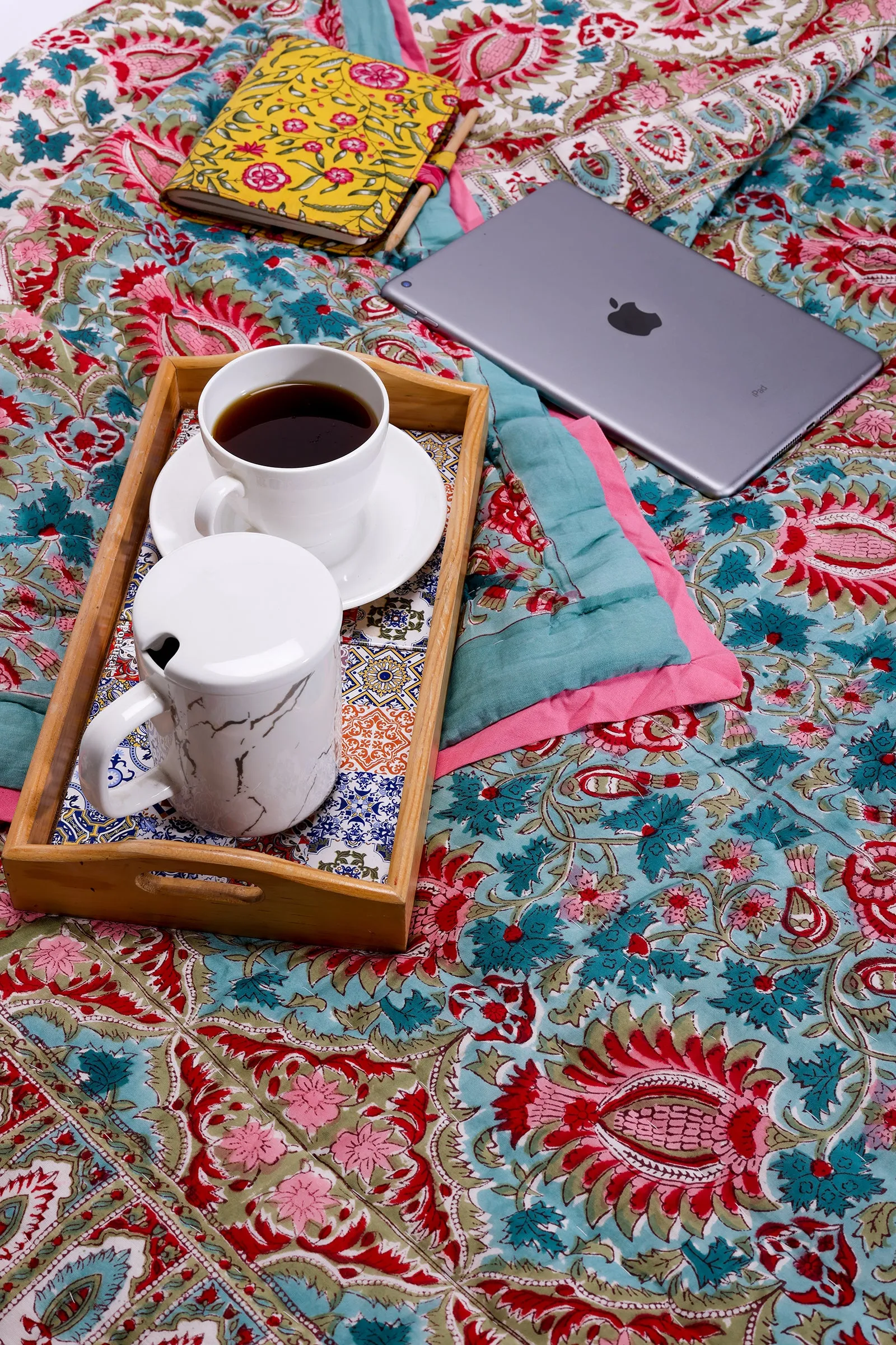 Charmine Floral Bloom Hand Block Printed Turquoise Cotton Muslin Quilt