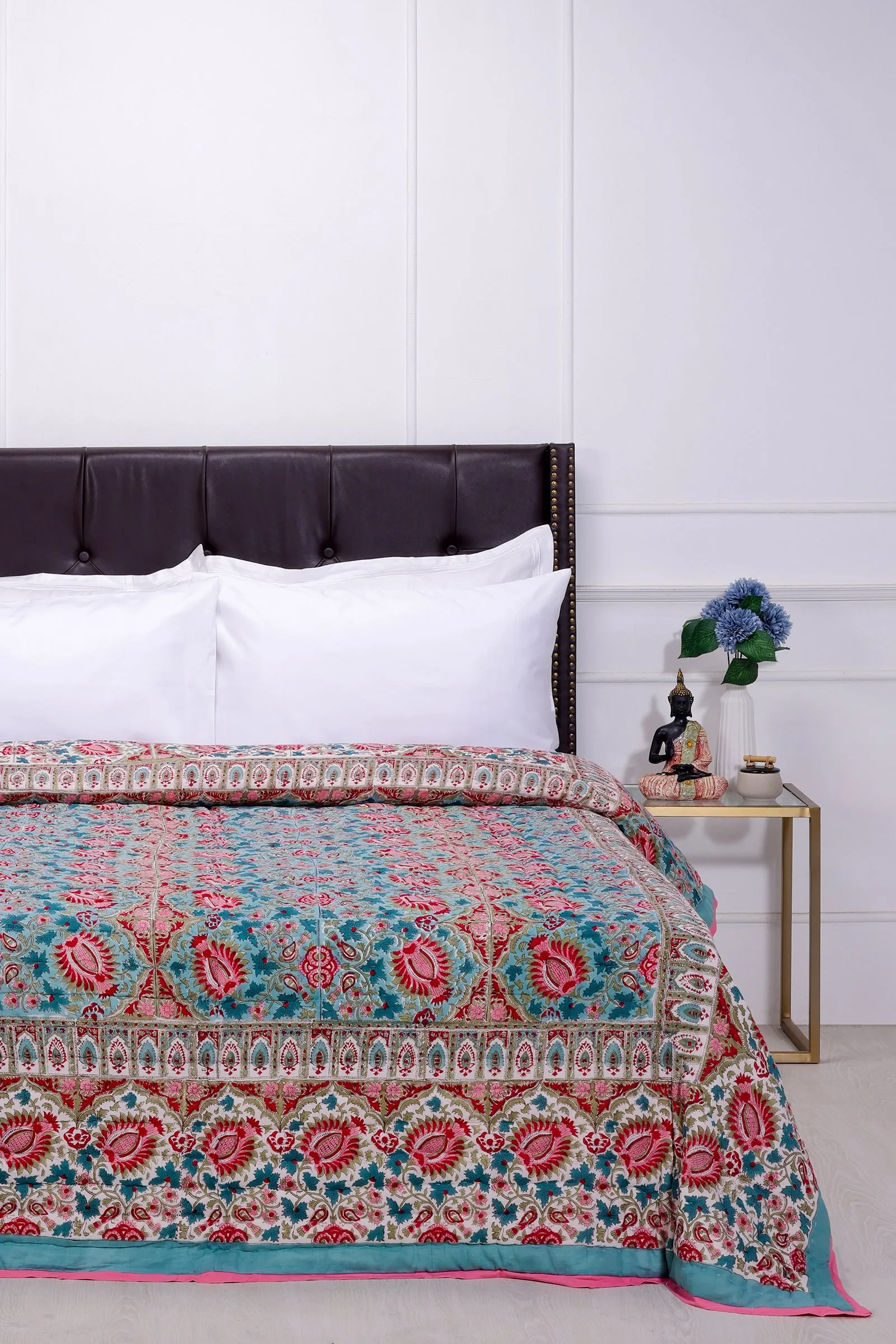 Charmine Floral Bloom Hand Block Printed Turquoise Cotton Muslin Quilt