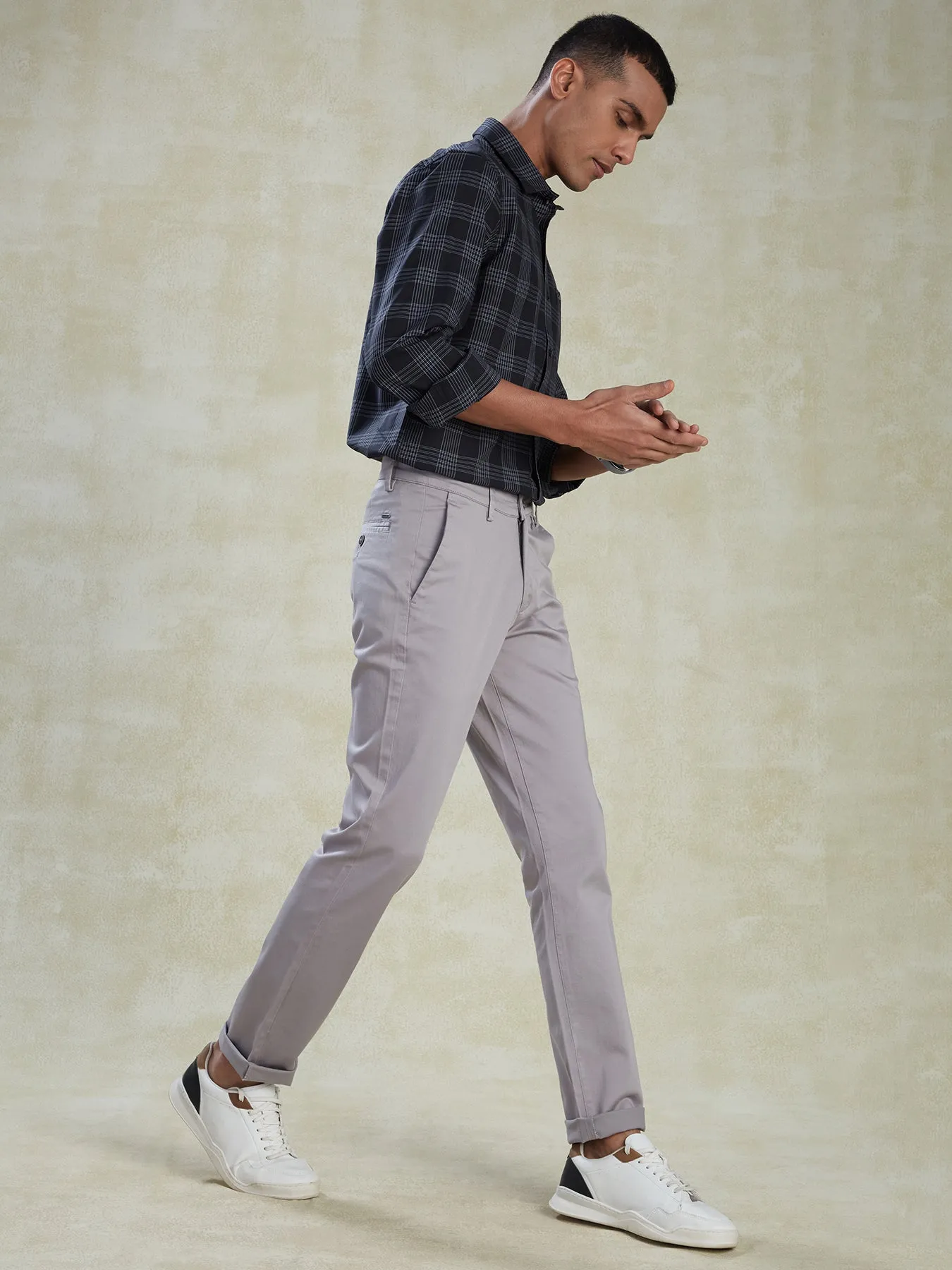 Cotton Stretch Grey Ultra Slim Fit Flat Front Casual Mens Plain Trouser