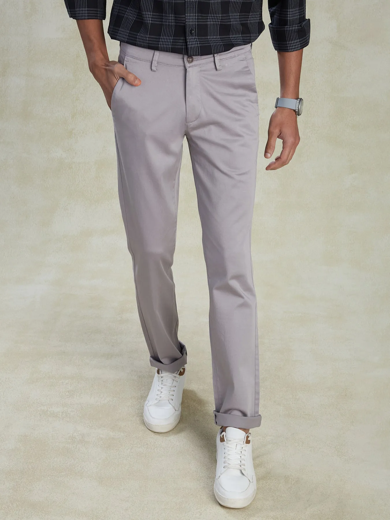 Cotton Stretch Grey Ultra Slim Fit Flat Front Casual Mens Plain Trouser