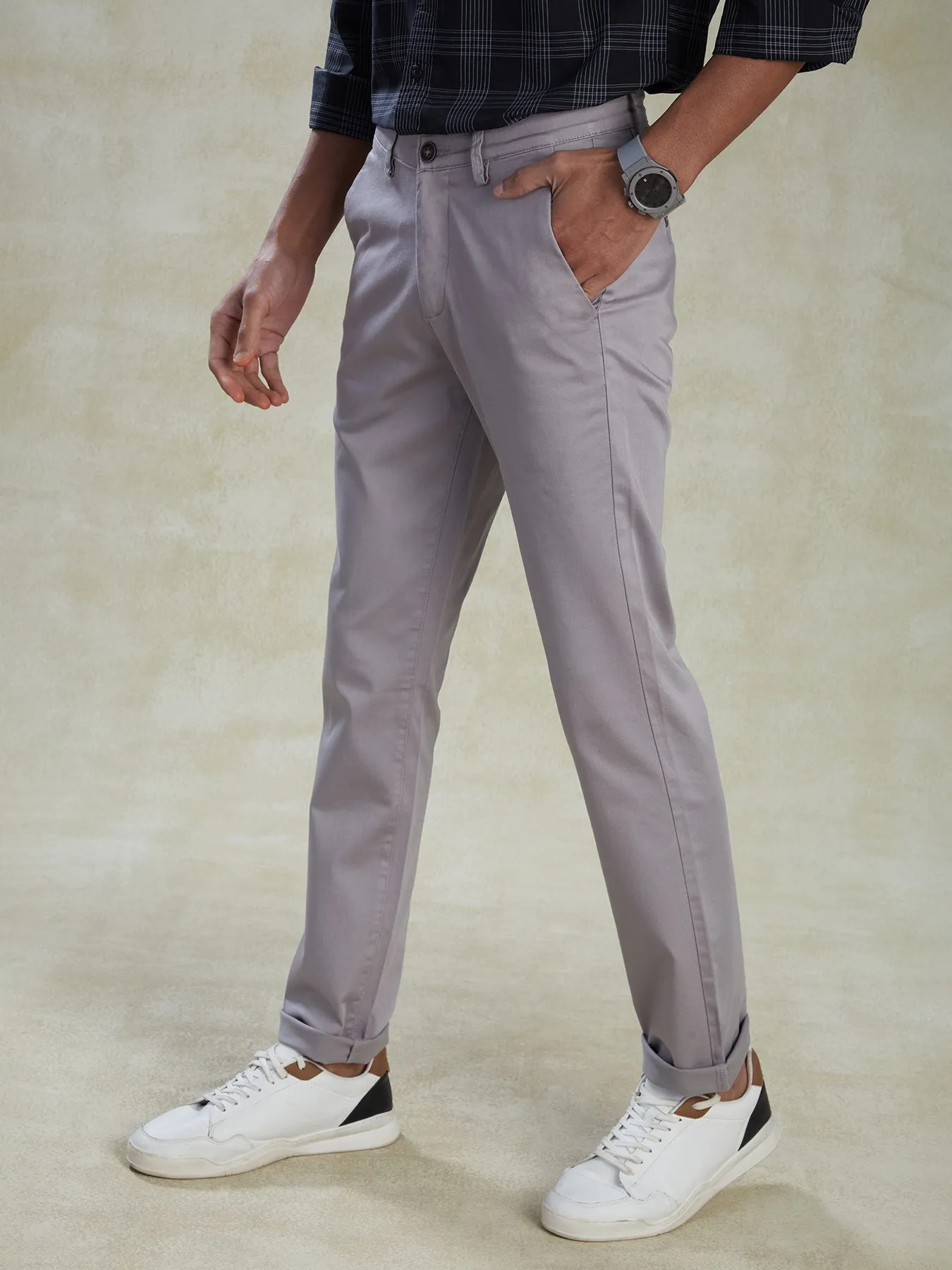 Cotton Stretch Grey Ultra Slim Fit Flat Front Casual Mens Plain Trouser