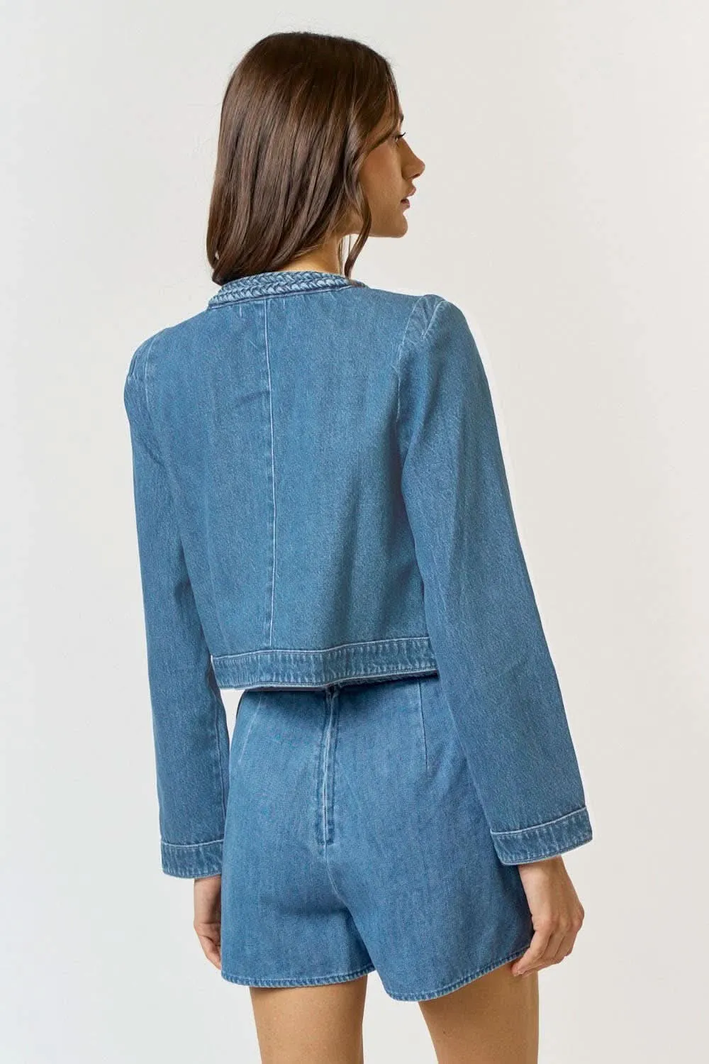Dark Denim Braided Open Front Jacket