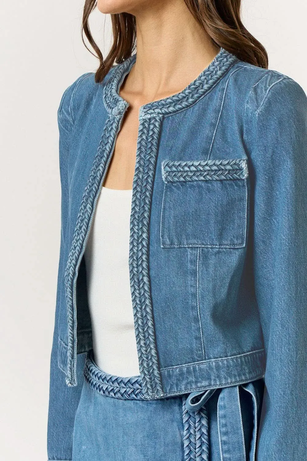 Dark Denim Braided Open Front Jacket