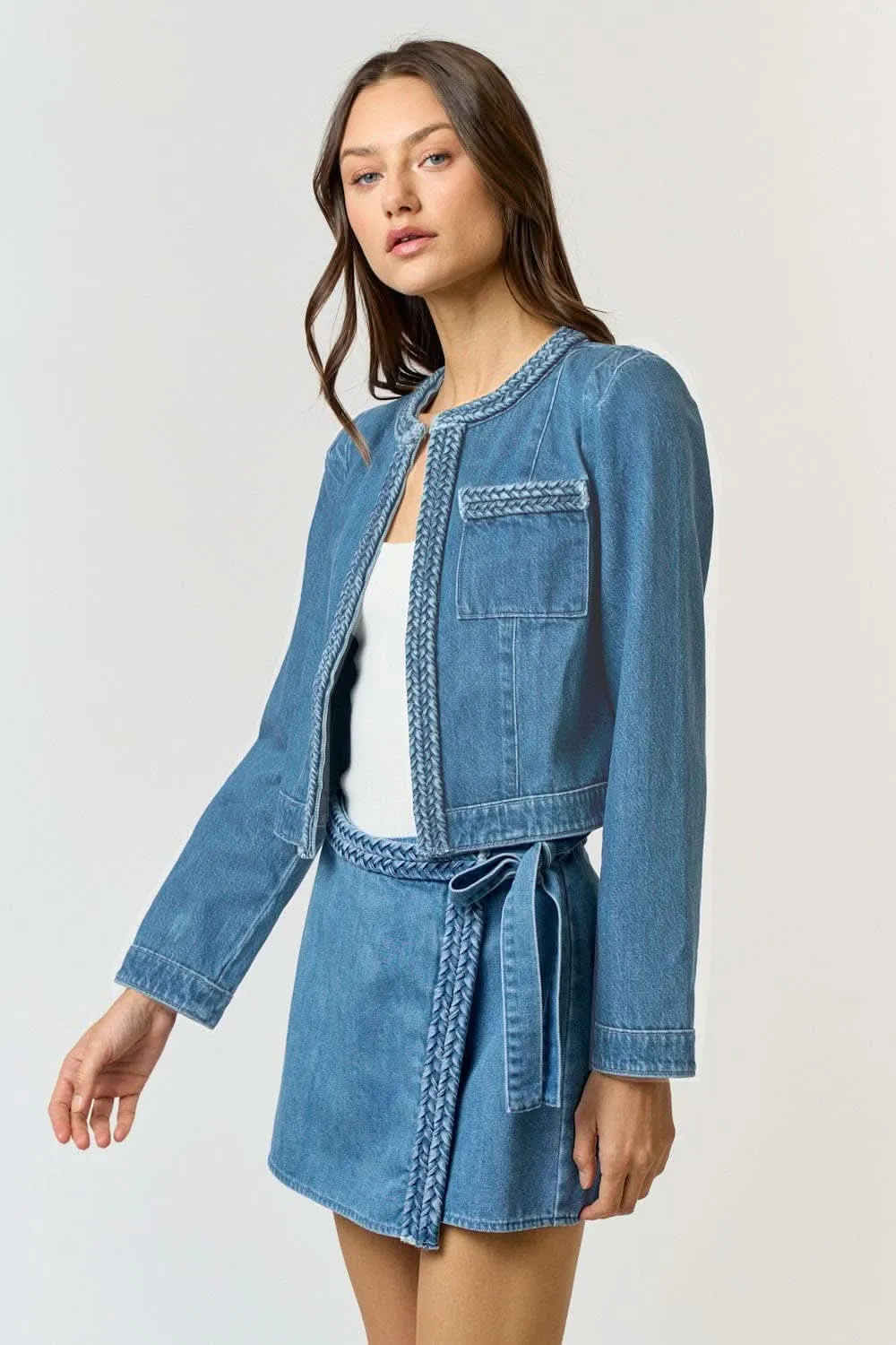 Dark Denim Braided Open Front Jacket