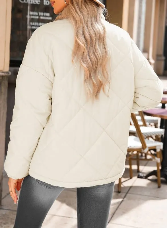 Dokotoo Women's Winter Casual Quilted Jackets Long Sleeve Button Down Puffer Jacket Padded Outerwear Coats