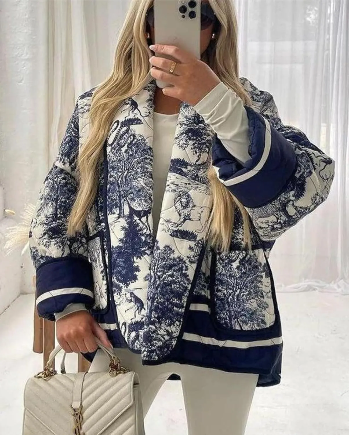 Eisctnd Women's Cropped Puffer Quilted Jacket Cardigan Floral Printed Lightweight Long Sleeve Short Padded Coats