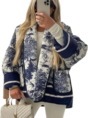 Eisctnd Women's Cropped Puffer Quilted Jacket Cardigan Floral Printed Lightweight Long Sleeve Short Padded Coats
