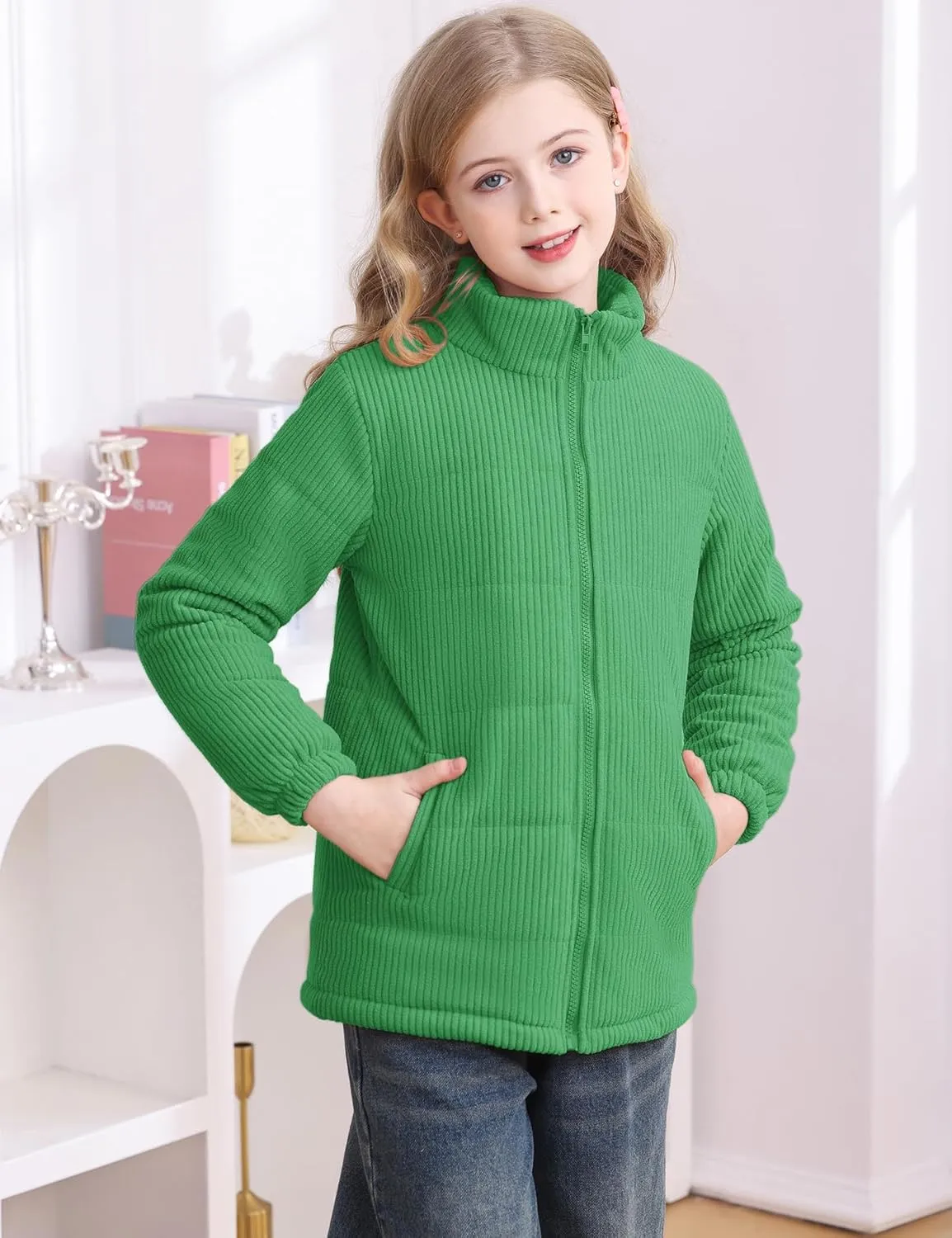 Floral Find Girls Long Sleeve Winter Jacket Coats Zip Up Stand Collar Corduroy Quilted Outerwear Jackets with Pocket