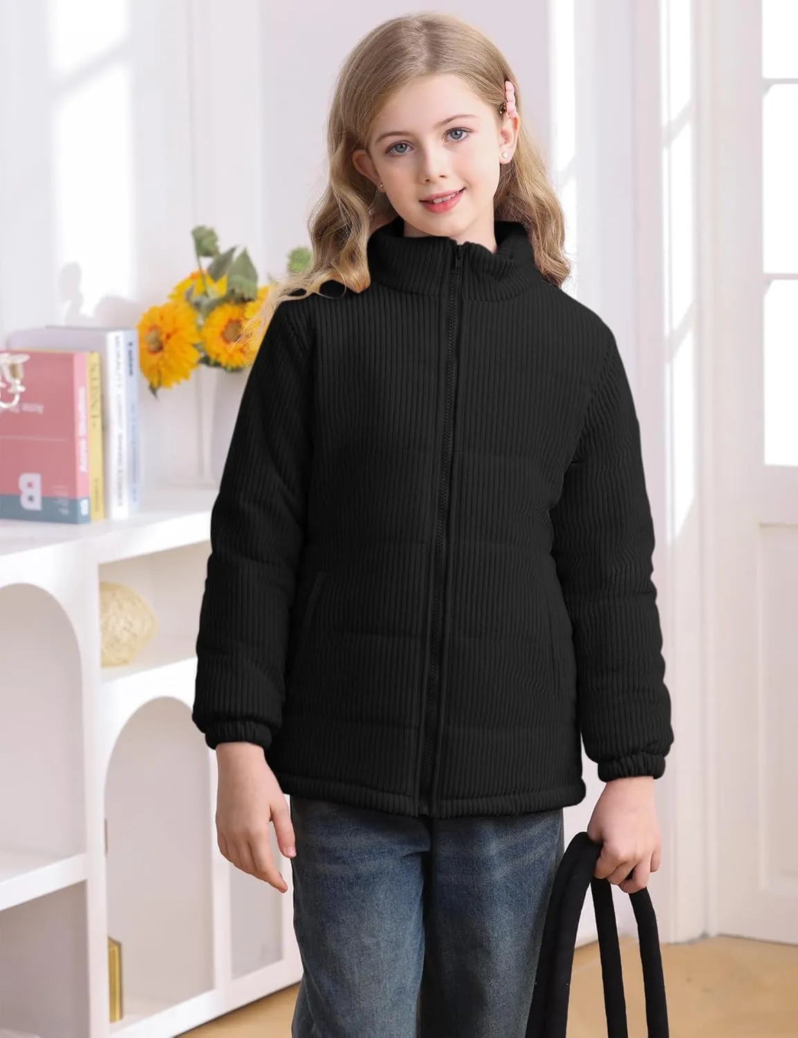 Floral Find Girls Long Sleeve Winter Jacket Coats Zip Up Stand Collar Corduroy Quilted Outerwear Jackets with Pocket