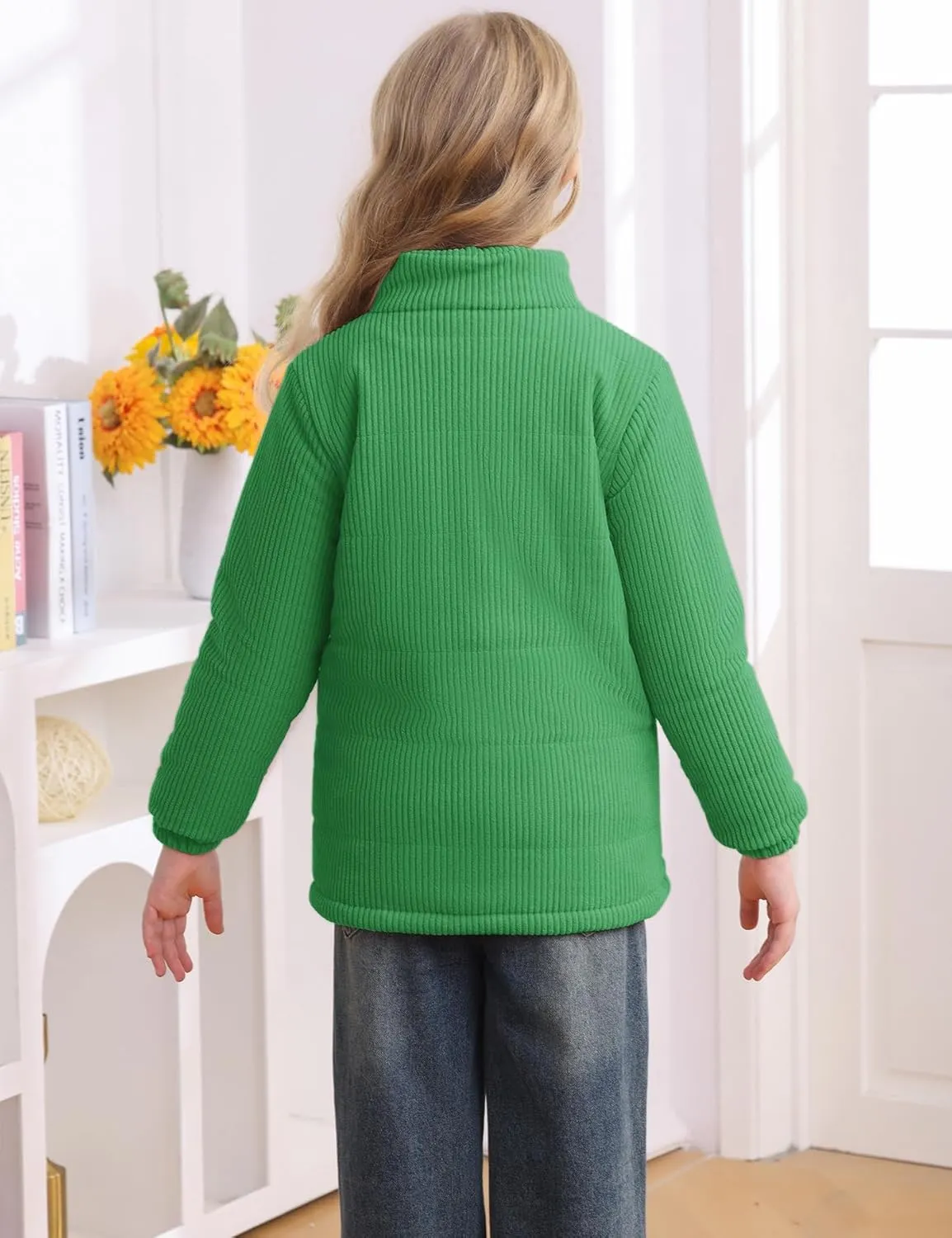 Floral Find Girls Long Sleeve Winter Jacket Coats Zip Up Stand Collar Corduroy Quilted Outerwear Jackets with Pocket
